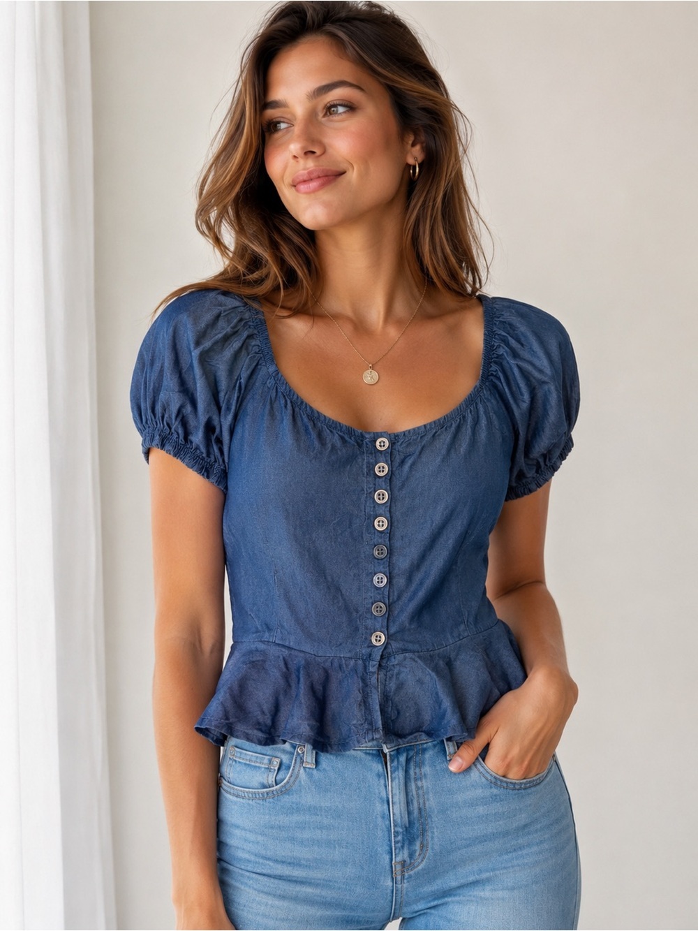 New Mix Romantic Puff Sleeve Lyocell Peplum Top Medium NWT